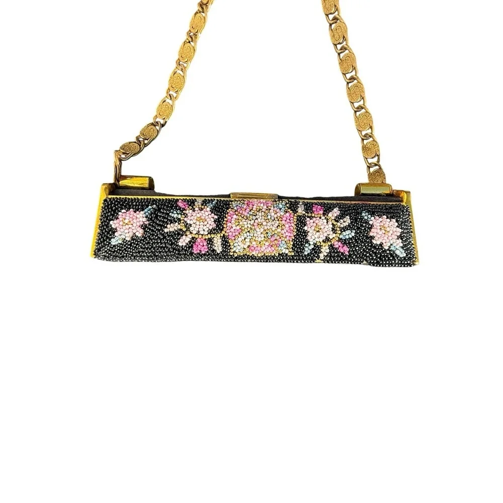 B B Berger Vintage Black Satin Evening Bag With Beaded Floral Accent